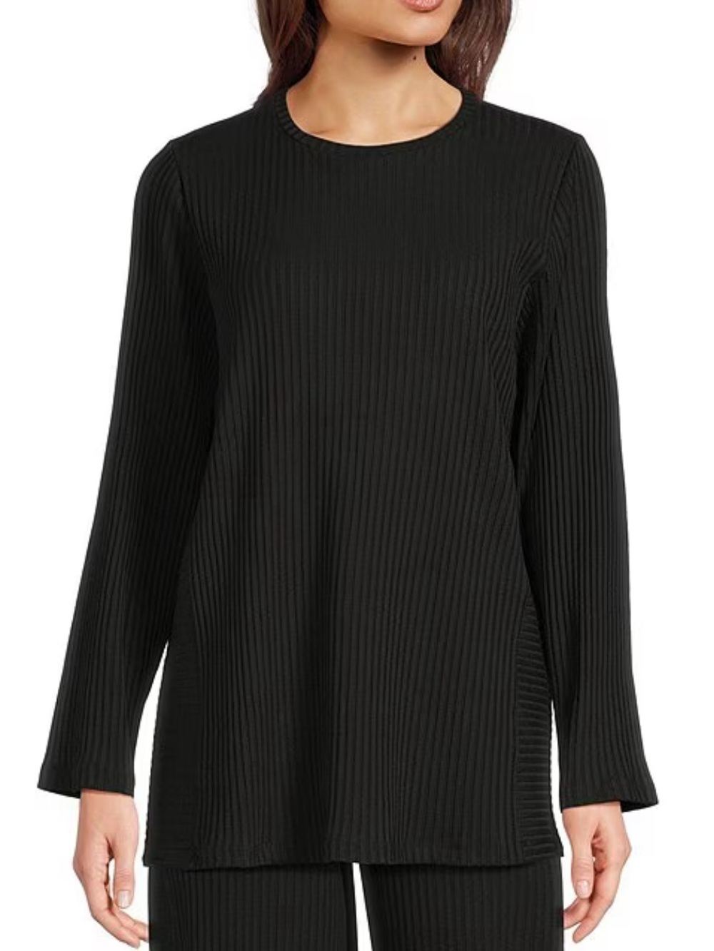 Eileen Fisher Textured Stretch Rib Knit Round Neck Long Sleeve Tunic Black Large
